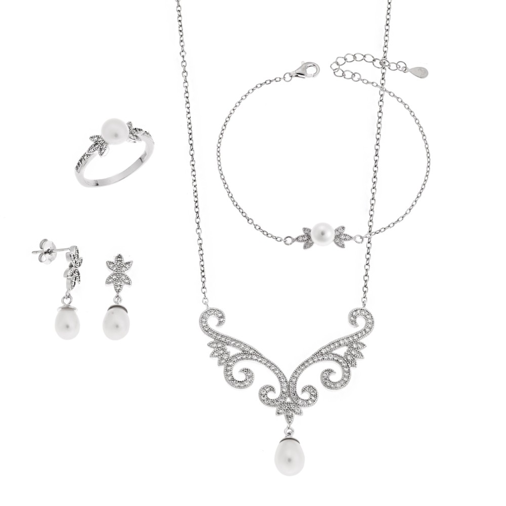 Σετ Γυναικείο Senza από ασήμι 925, Κολιέ, βραχιόλι, δαχτυλίδι και σκουλαρίκια με μαργαριτάρι - SSR3855SR