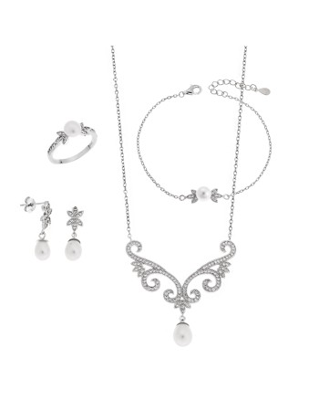 Σετ Γυναικείο Senza από ασήμι 925, Κολιέ, βραχιόλι, δαχτυλίδι και σκουλαρίκια με μαργαριτάρι - SSR3855SR