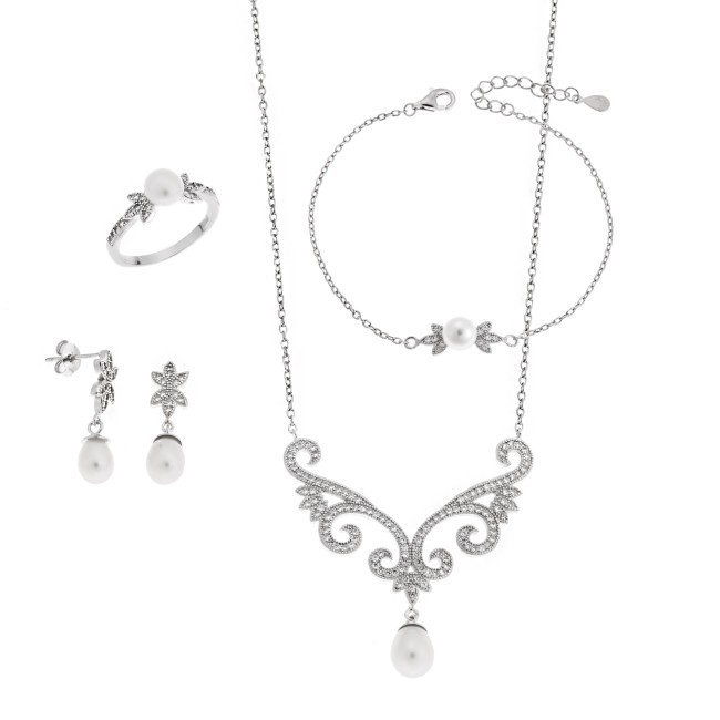 Σετ Γυναικείο Senza από ασήμι 925, Κολιέ, βραχιόλι, δαχτυλίδι και σκουλαρίκια με μαργαριτάρι - SSR3855SR