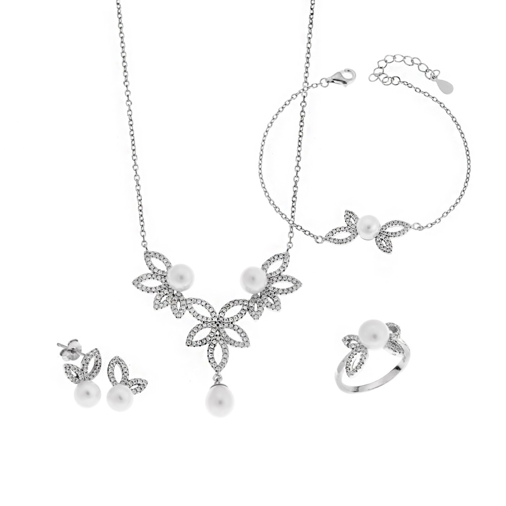 Σετ Γυναικείο Senza από ασήμι 925, Κολιέ, βραχιόλι, δαχτυλίδι και σκουλαρίκια με μαργαριτάρι - SSR3856SR