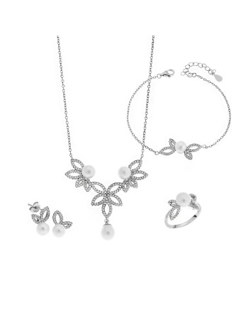 Σετ Γυναικείο Senza από ασήμι 925, Κολιέ, βραχιόλι, δαχτυλίδι και σκουλαρίκια με μαργαριτάρι - SSR3856SR