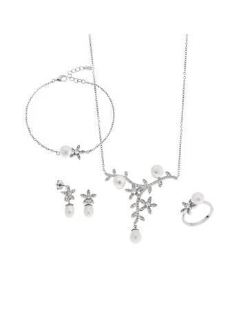 Σετ Γυναικείο Senza από ασήμι 925, Κολιέ, βραχιόλι, δαχτυλίδι και σκουλαρίκια με μαργαριτάρι - SSR3857SR