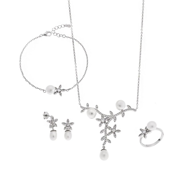 Σετ Γυναικείο Senza από ασήμι 925, Κολιέ, βραχιόλι, δαχτυλίδι και σκουλαρίκια με μαργαριτάρι - SSR3857SR