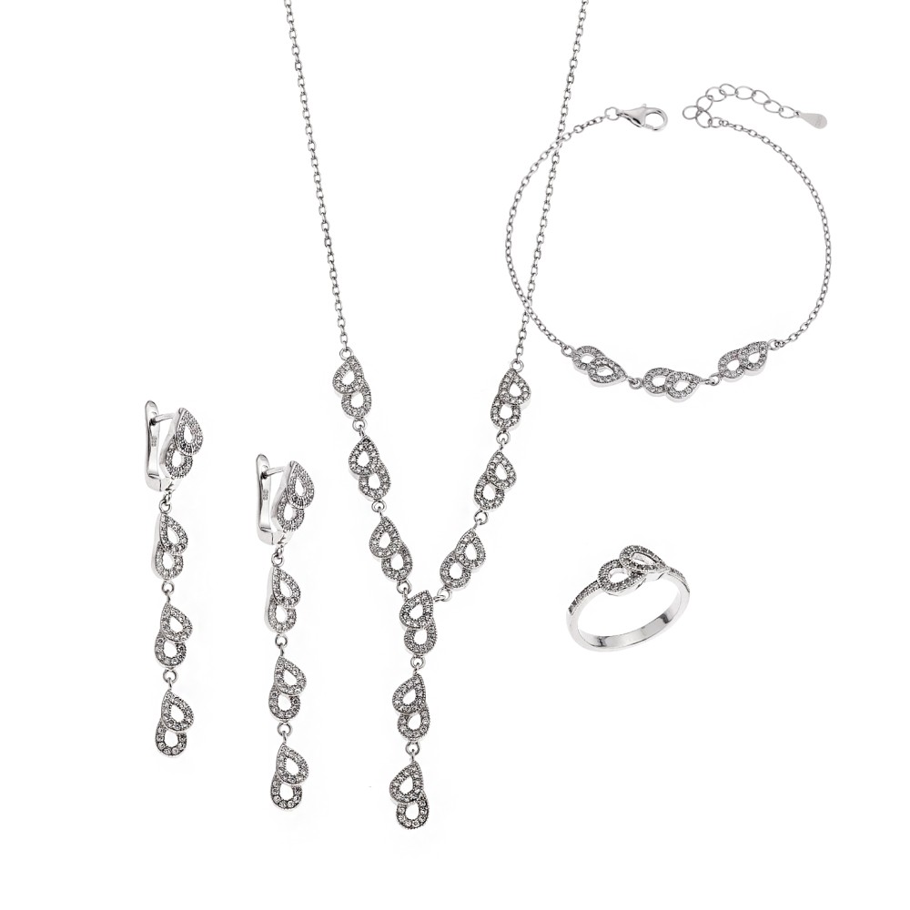 Σετ Γυναικείο Senza από ασήμι 925, Κολιέ, βραχιόλι, δαχτυλίδι και σκουλαρίκια με λευκά ζιργκόν - SSR3859SR
