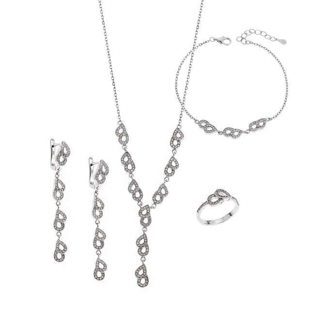 Σετ Γυναικείο Senza από ασήμι 925, Κολιέ, βραχιόλι, δαχτυλίδι και σκουλαρίκια με λευκά ζιργκόν - SSR3859SR