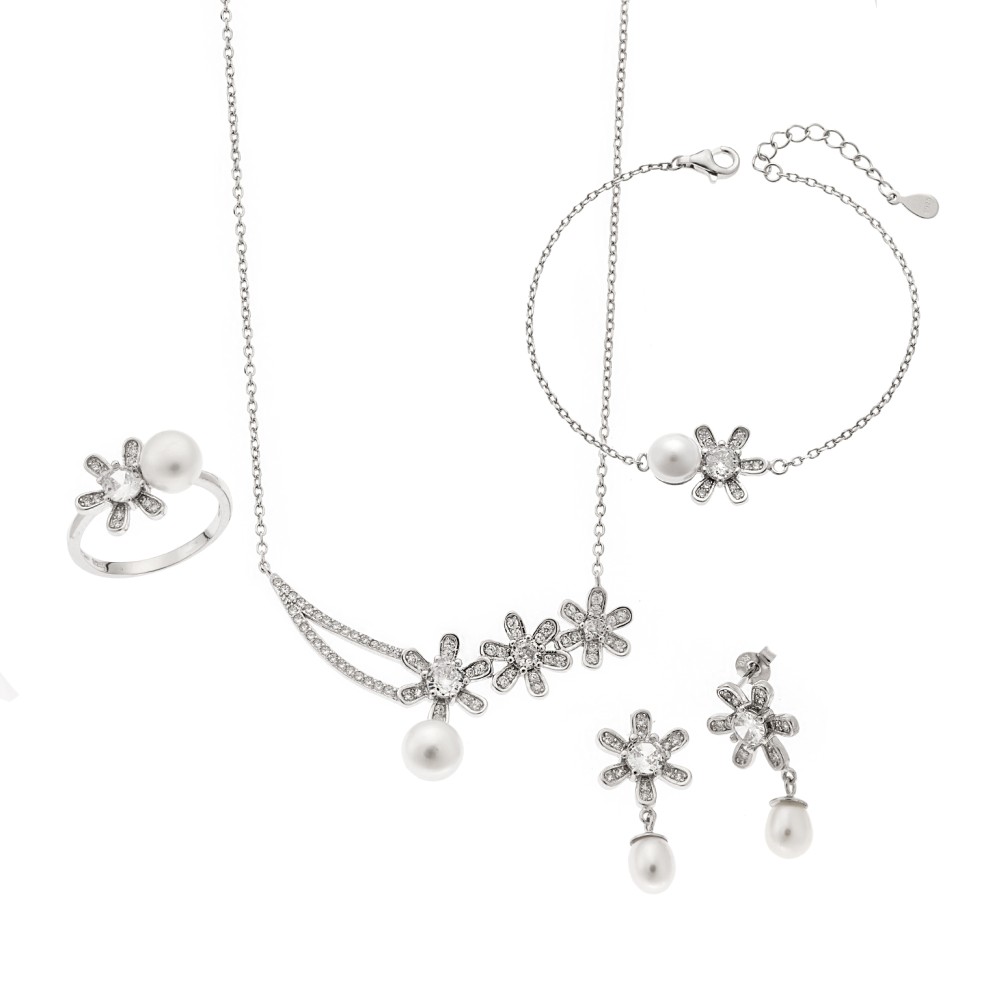 Σετ Γυναικείο Senza από ασήμι 925, Κολιέ, βραχιόλι, δαχτυλίδι και σκουλαρίκια με μαργαριτάρι - SSR3904SR