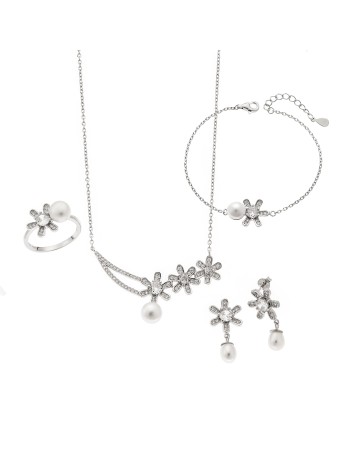 Σετ Γυναικείο Senza από ασήμι 925, Κολιέ, βραχιόλι, δαχτυλίδι και σκουλαρίκια με μαργαριτάρι - SSR3904SR
