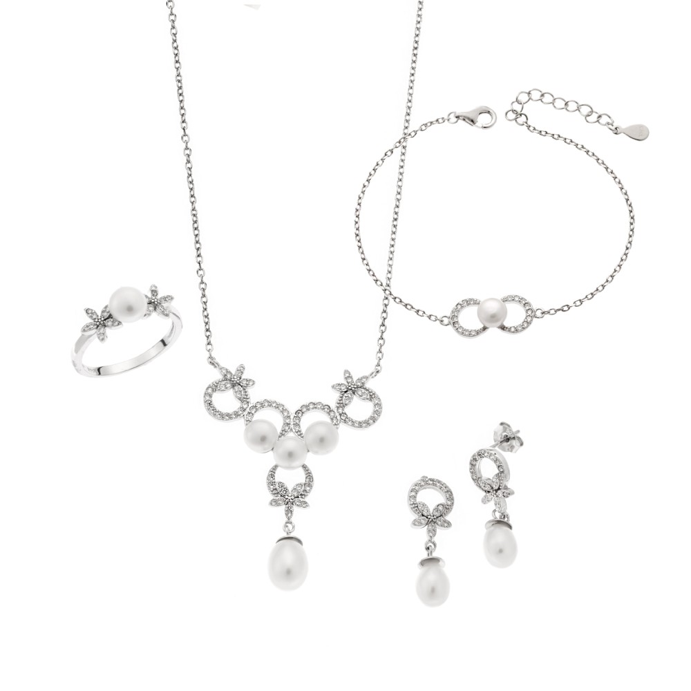 Σετ Γυναικείο Senza από ασήμι 925, Κολιέ, βραχιόλι, δαχτυλίδι και σκουλαρίκια με μαργαριτάρι - SSR3905SR
