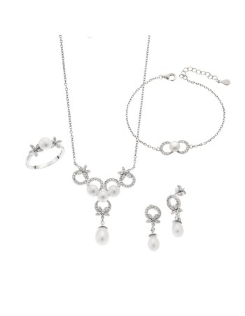 Σετ Γυναικείο Senza από ασήμι 925, Κολιέ, βραχιόλι, δαχτυλίδι και σκουλαρίκια με μαργαριτάρι - SSR3905SR