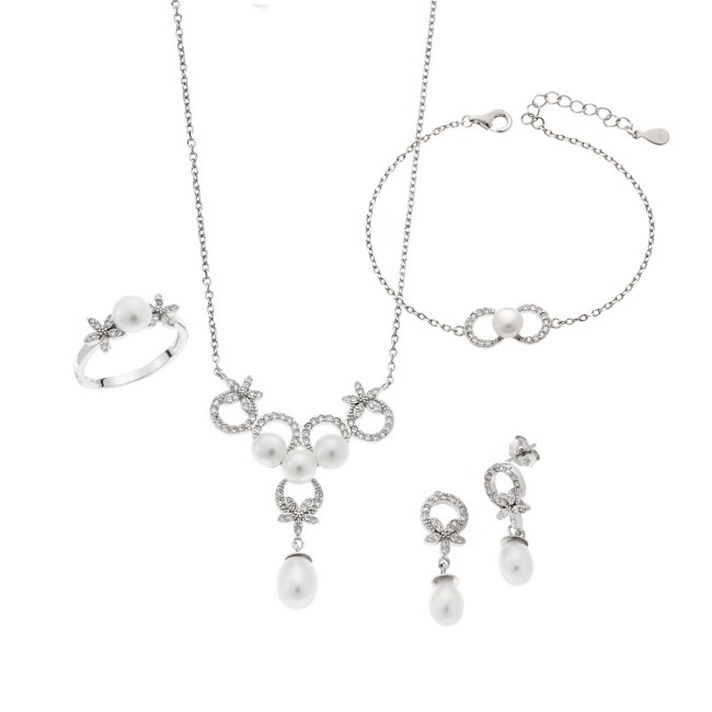 Σετ Γυναικείο Senza από ασήμι 925, Κολιέ, βραχιόλι, δαχτυλίδι και σκουλαρίκια με μαργαριτάρι - SSR3905SR