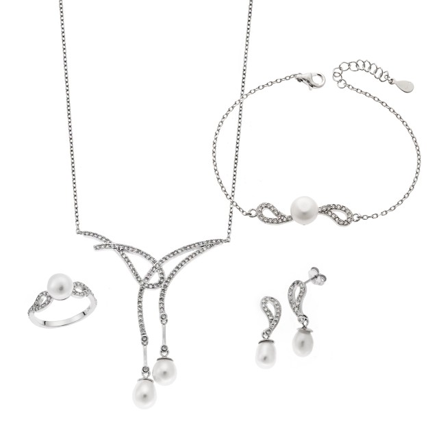 Σετ Γυναικείο Senza από ασήμι 925, Κολιέ, βραχιόλι, δαχτυλίδι και σκουλαρίκια με μαργαριτάρι - SSR3906SR