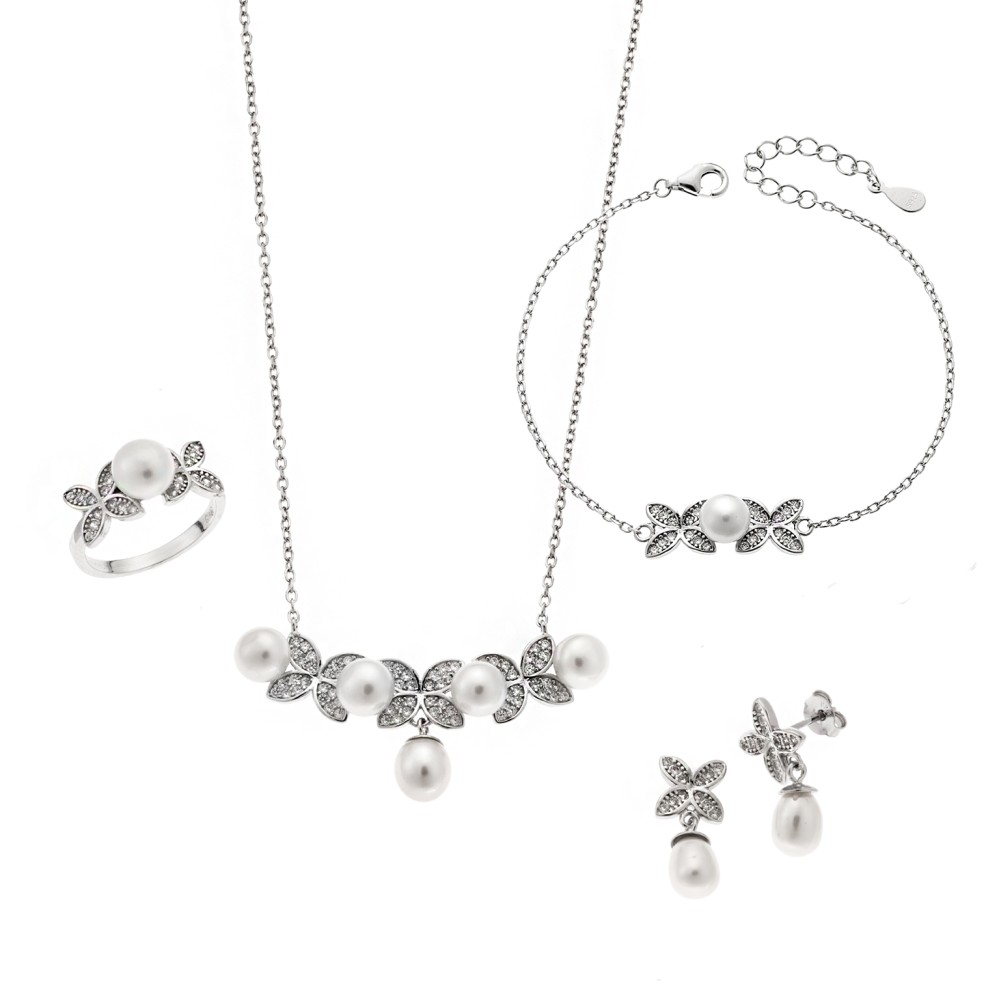 Σετ Γυναικείο Senza από ασήμι 925, Κολιέ, βραχιόλι, δαχτυλίδι και σκουλαρίκια με μαργαριτάρι - SSR3907SR