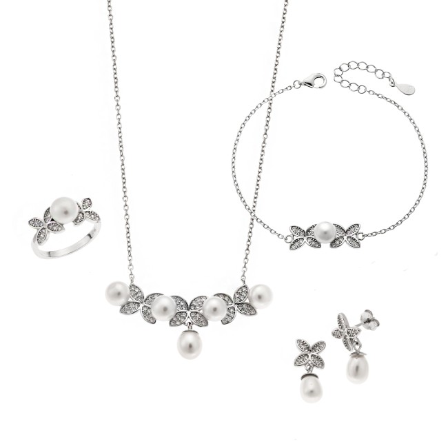 Σετ Γυναικείο Senza από ασήμι 925, Κολιέ, βραχιόλι, δαχτυλίδι και σκουλαρίκια με μαργαριτάρι - SSR3907SR