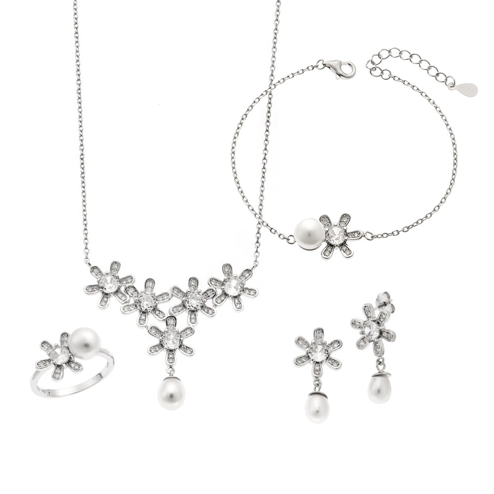 Σετ Γυναικείο Senza από ασήμι 925, Κολιέ, βραχιόλι, δαχτυλίδι και σκουλαρίκια με μαργαριτάρι - SSR3908SR