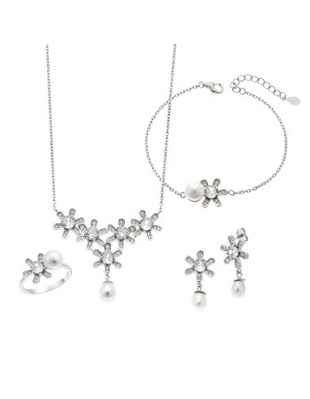 Σετ Γυναικείο Senza από ασήμι 925, Κολιέ, βραχιόλι, δαχτυλίδι και σκουλαρίκια με μαργαριτάρι - SSR3908SR