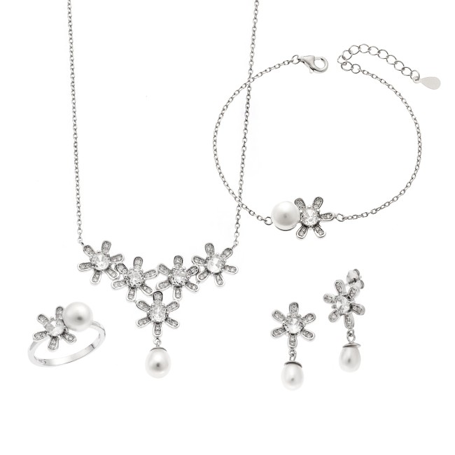 Σετ Γυναικείο Senza από ασήμι 925, Κολιέ, βραχιόλι, δαχτυλίδι και σκουλαρίκια με μαργαριτάρι - SSR3908SR
