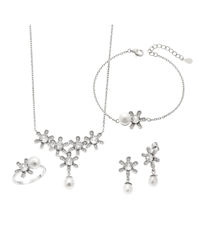 Σετ Γυναικείο Senza από ασήμι 925, Κολιέ, βραχιόλι, δαχτυλίδι και σκουλαρίκια με μαργαριτάρι - SSR3908SR