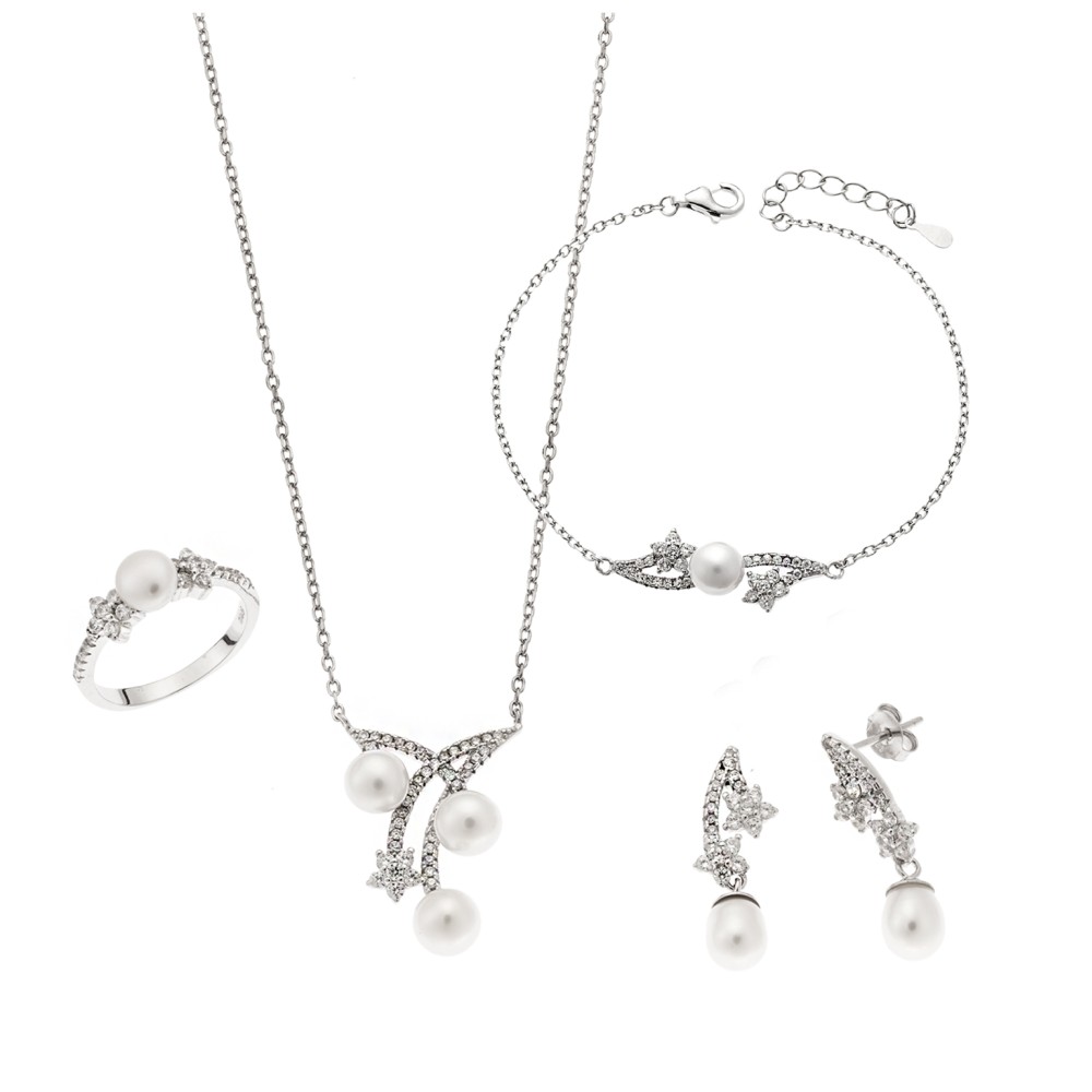 Σετ Γυναικείο Senza από ασήμι 925, Κολιέ, βραχιόλι, δαχτυλίδι και σκουλαρίκια με μαργαριτάρι - SSR3909SR