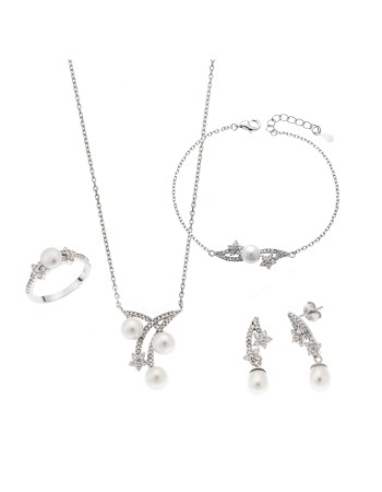 Σετ Γυναικείο Senza από ασήμι 925, Κολιέ, βραχιόλι, δαχτυλίδι και σκουλαρίκια με μαργαριτάρι - SSR3909SR