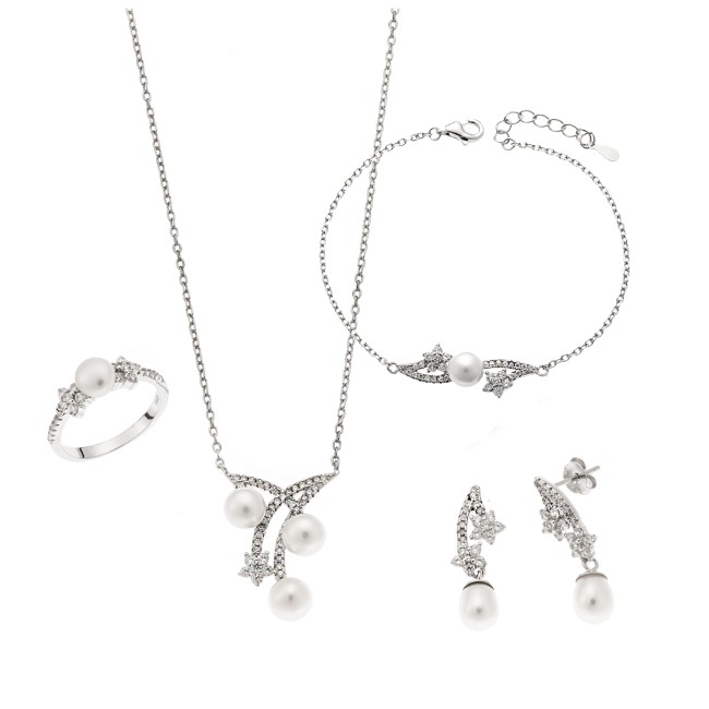 Σετ Γυναικείο Senza από ασήμι 925, Κολιέ, βραχιόλι, δαχτυλίδι και σκουλαρίκια με μαργαριτάρι - SSR3909SR