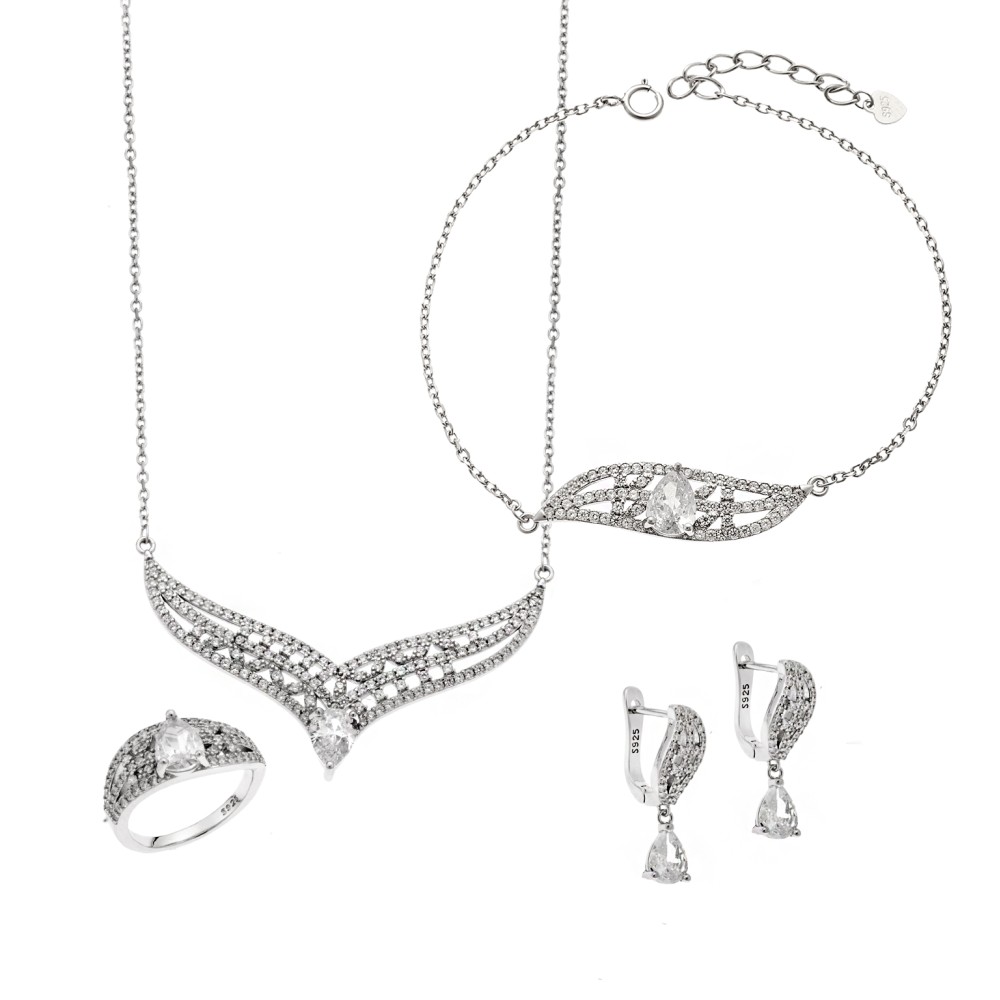 Σετ Γυναικείο Senza από ασήμι 925, Κολιέ, βραχιόλι, δαχτυλίδι και σκουλαρίκια με ζιργκόν - SSR3912SR