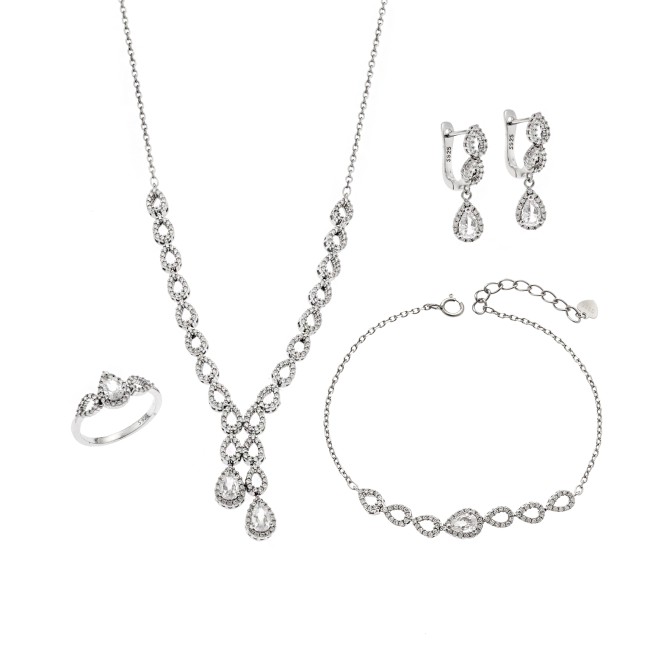Σετ Γυναικείο Senza από ασήμι 925, Κολιέ, βραχιόλι, δαχτυλίδι και σκουλαρίκια με ζιργκόν - SSR3914SR
