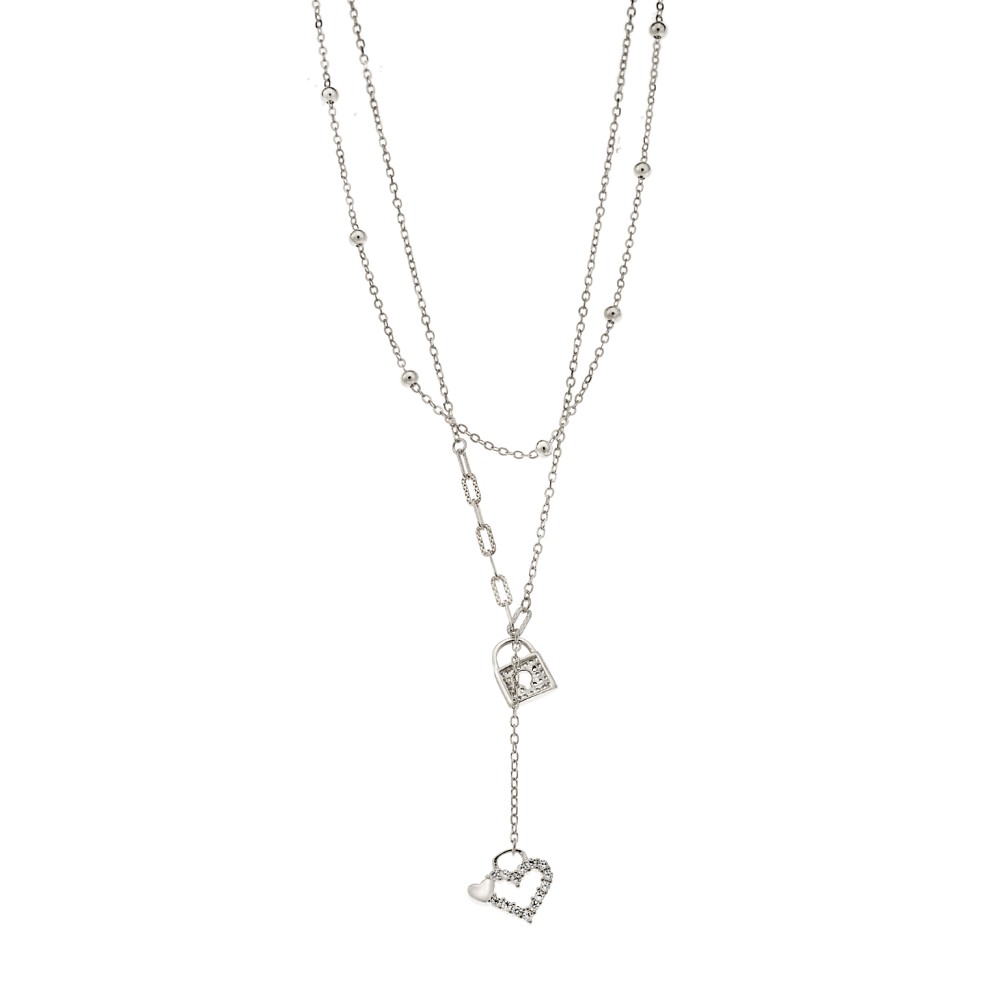 Κολιέ Senza από ασήμι 925, διπλή αλυσίδα με καρδιά και λουκέτο - SSR3922SR