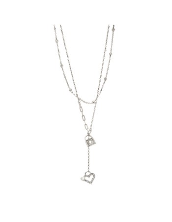 Κολιέ Senza από ασήμι 925, διπλή αλυσίδα με καρδιά και λουκέτο - SSR3922SR