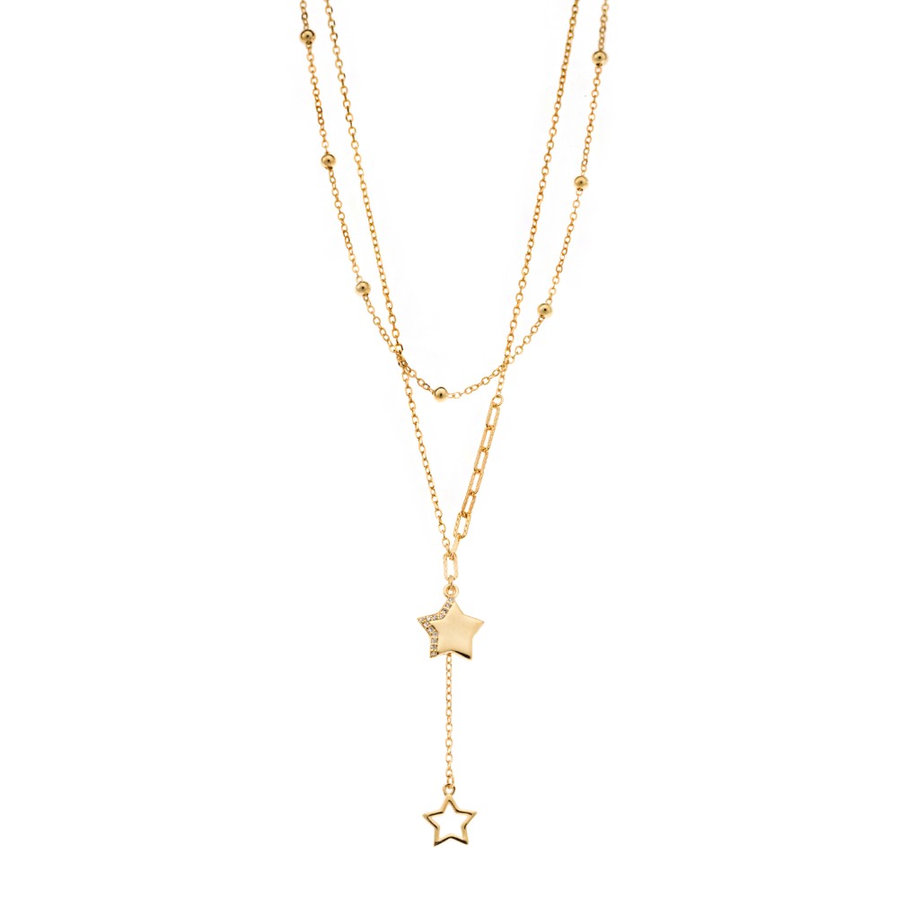 Κολιέ Senza από επιχρυσωμένο ασήμι 925, διπλή αλυσίδα με αστέρια - SSR3923GD