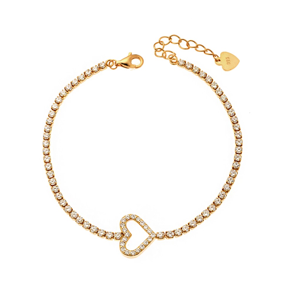 Βραχιόλι Senza από επιχρυσωμένο ασήμι 925, Ριβιέρα με καρδιά και λευκά ζιργκόν - SSR3934GD