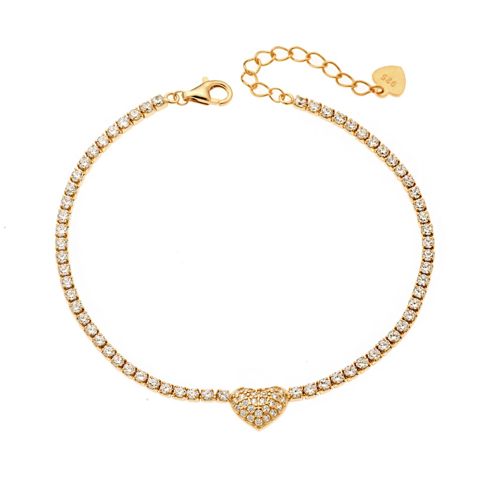 Βραχιόλι Senza από επιχρυσωμένο ασήμι 925, Ριβιέρα με καρδιά και λευκά ζιργκόν - SSR3937GD