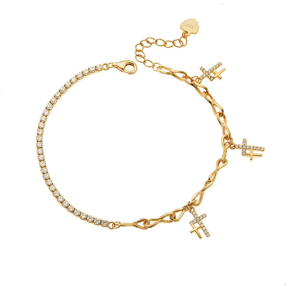 Βραχιόλι Senza από επιχρυσωμένο ασήμι 925, Αλυσίδα και ριβιέρα με λευκά ζιργκόν και σταυρούς - SSR3941GD
