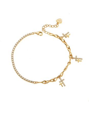 Βραχιόλι Senza από επιχρυσωμένο ασήμι 925, Αλυσίδα και ριβιέρα με λευκά ζιργκόν και σταυρούς - SSR3941GD