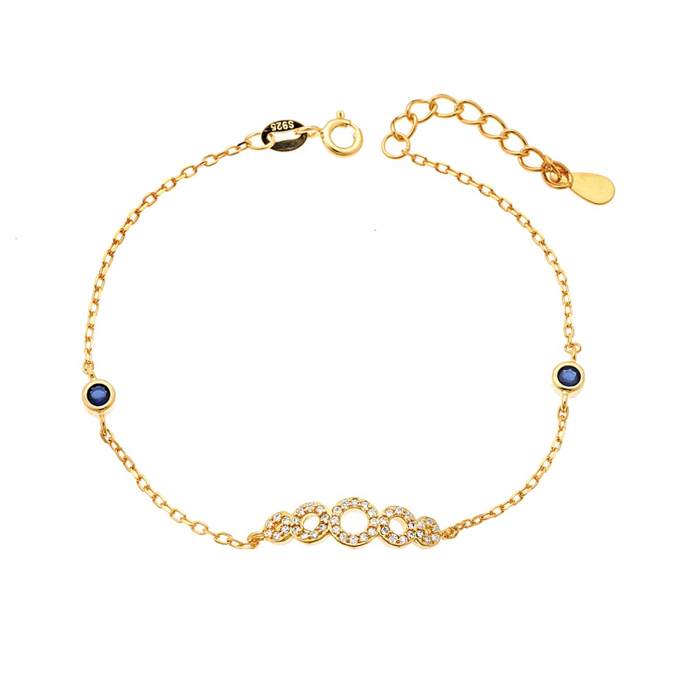 Βραχιόλι Senza από επιχρυσωμένο ασήμι 925, κύκλοι με λευκά ζιργκόν και μπλε πέτρες - SSR3949GBL