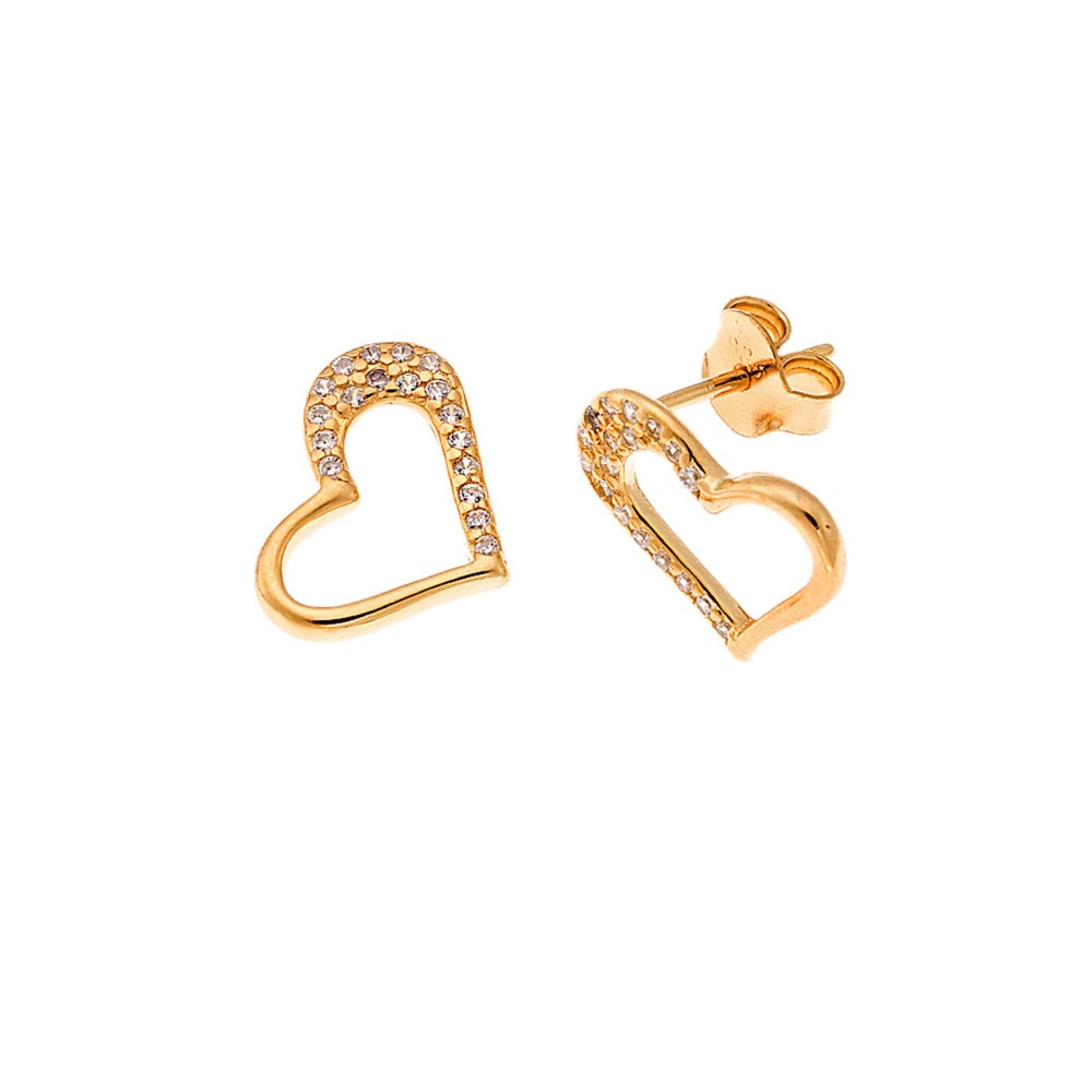 Σκουλαρίκια Senza από επιχρυσωμένο ασήμι 925, καρδιά μισή περίγραμμα και μισή λευκά ζιργκόν - SSR3961GD