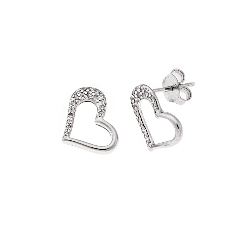 Σκουλαρίκια Senza από ασήμι 925, καρδιά μισή περίγραμμα και μισή λευκά ζιργκόν - SSR3961SR