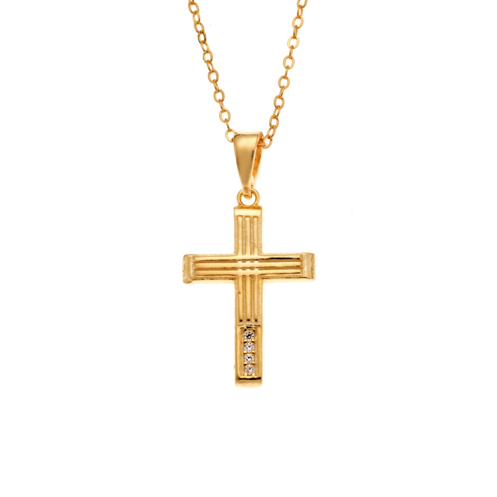 Μενταγιόν Senza από επιχρυσωμένο ασήμι 925, σταυρουδάκι με λευκά ζιργκόν - SSR3987GD