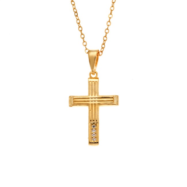 Μενταγιόν Senza από επιχρυσωμένο ασήμι 925, σταυρουδάκι με λευκά ζιργκόν - SSR3987GD