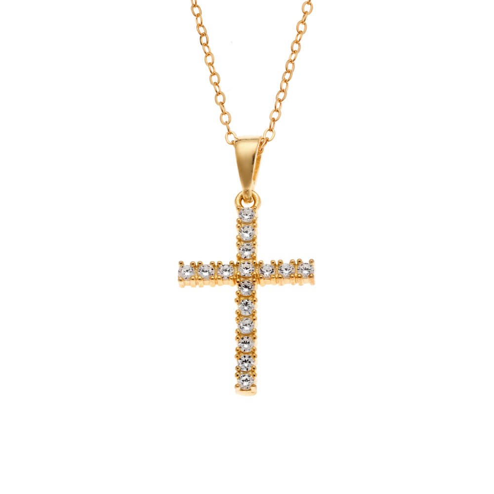 Μενταγιόν Senza από επιχρυσωμένο ασήμι 925, σταυρουδάκι με λευκά ζιργκόν - SSR3988GD