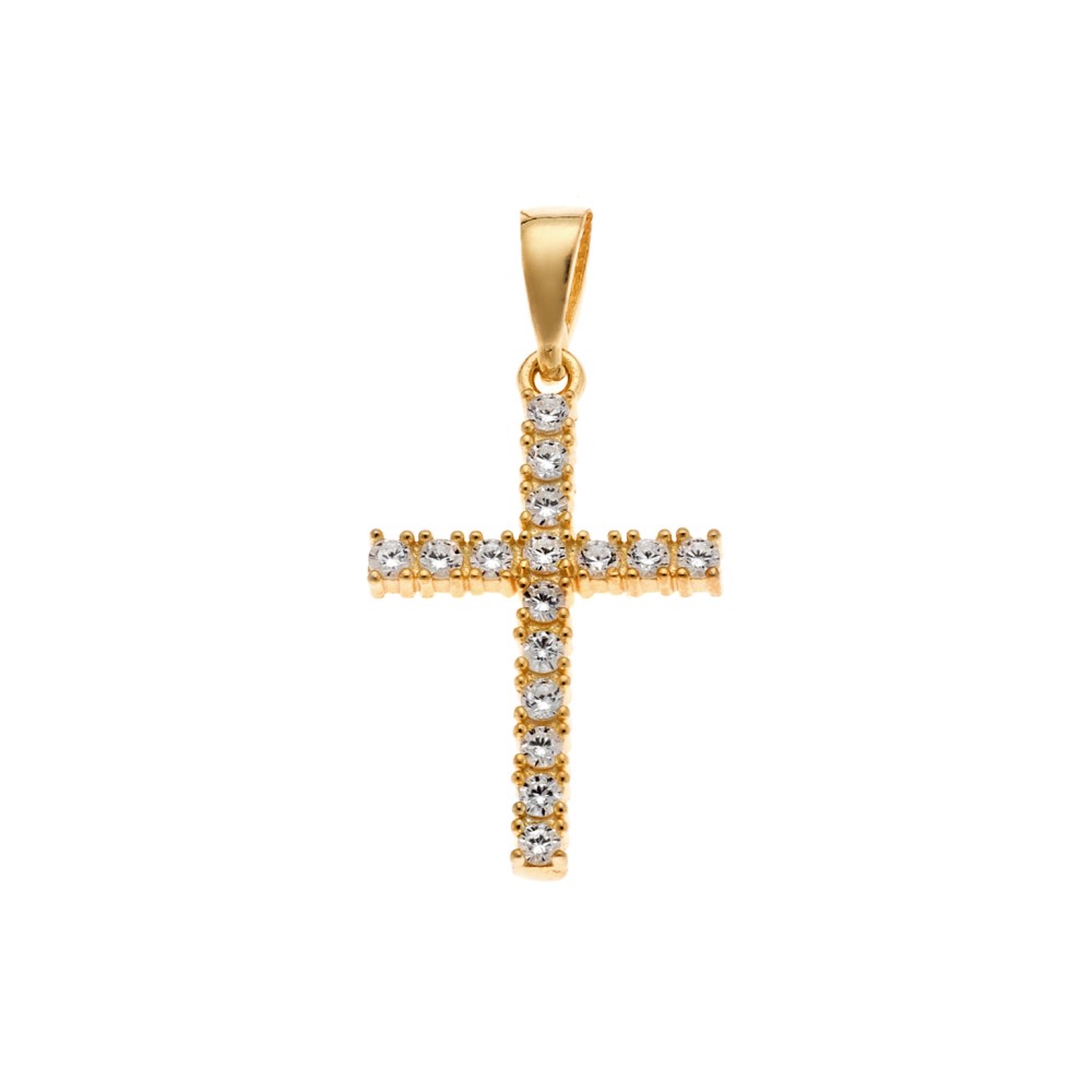 Μενταγιόν Senza από επιχρυσωμένο ασήμι 925, σταυρουδάκι με λευκά ζιργκόν - SSR3988GD