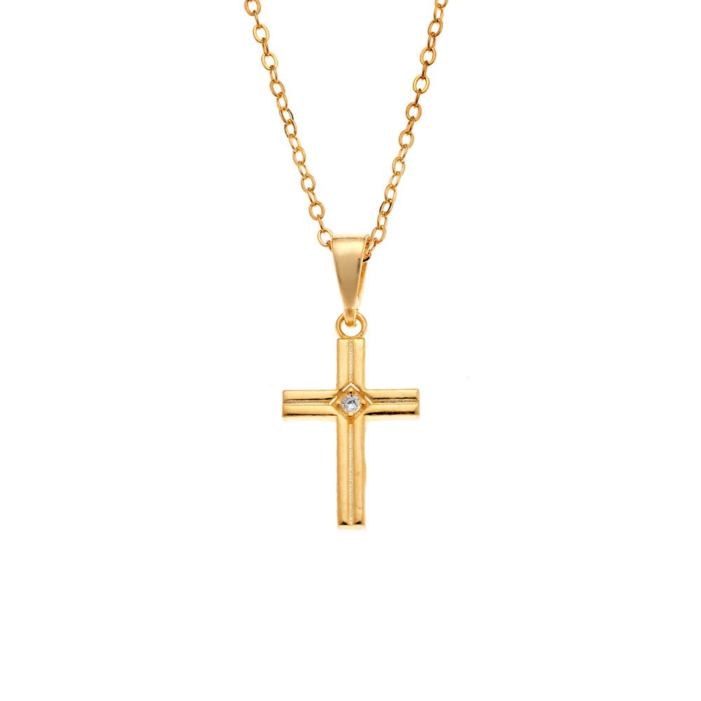 Μενταγιόν Senza από επιχρυσωμένο ασήμι 925, σταυρουδάκι με λευκά ζιργκόν - SSR3989GD