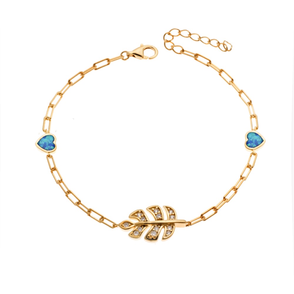 Βραχιόλι Senza από επιχρυσωμένο ασήμι 925, φυλλαράκι με ζιργκόν και καρδιές με Opal - SSR4071GOP