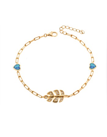 Βραχιόλι Senza από επιχρυσωμένο ασήμι 925, φυλλαράκι με ζιργκόν και καρδιές με Opal - SSR4071GOP