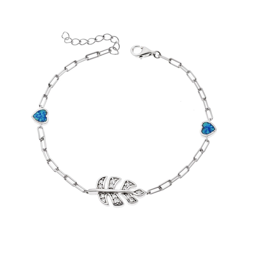Βραχιόλι Senza από ασήμι 925, φυλλαράκι με ζιργκόν και καρδιές με Opal - SSR4071SOP