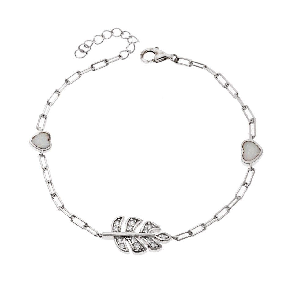 Βραχιόλι Senza από ασήμι 925, φυλλαράκι με ζιργκόν και καρδιές με Opal - SSR4071SWH