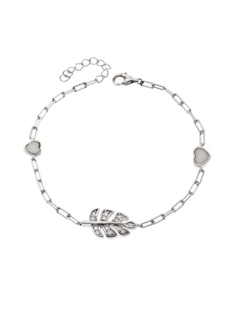 Βραχιόλι Senza από ασήμι 925, φυλλαράκι με ζιργκόν και καρδιές με Opal - SSR4071SWH