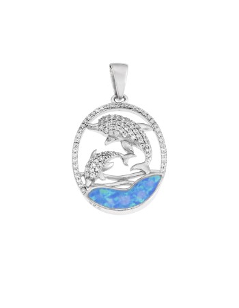 Μοτίφ Senza από ασήμι 925, Δελφίνια με ζιργκόν και κύμα με Opal - SSR4093SOP