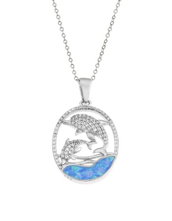 Μοτίφ Senza από ασήμι 925, Δελφίνια με ζιργκόν και κύμα με Opal - SSR4093SOP