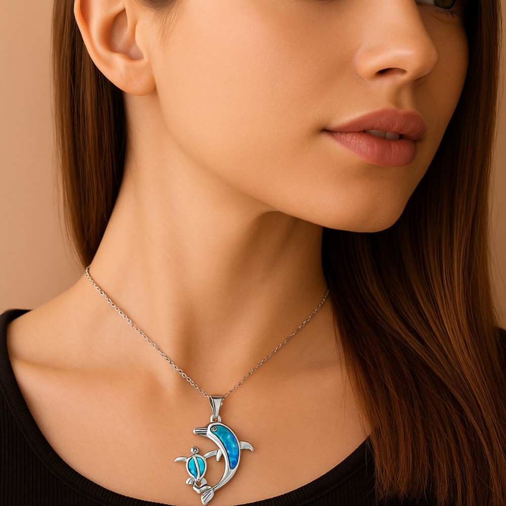 Μοτίφ Senza από ασήμι 925, Δελφίνι και χελωνίτσα με Opal - SSR4109SOP