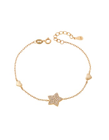 Βραχιόλι Γυναικείο Senza από επιχρυσωμένο ασήμι 925, αστέρι με λευκά ζιργκόν και διπλή καρδιά - SSR4157GD